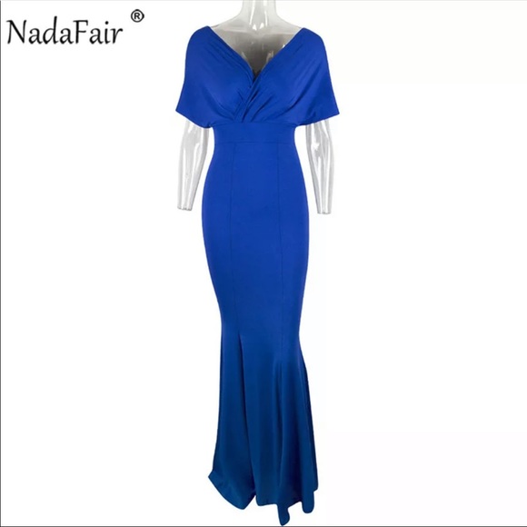 Women’s sexy v neck off the shoulder evening gown - Picture 4 of 6